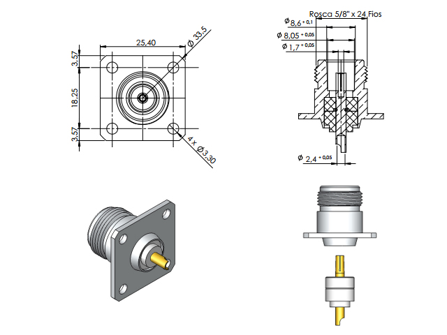Conector N fêmea com base quadrada - Klc - CF-2